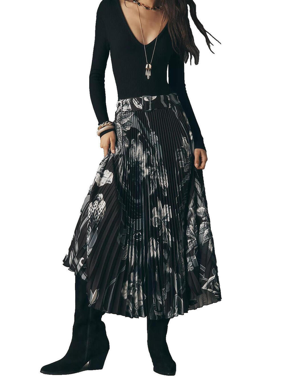 RANNA GILL  ANTROPOLOGIE  black ? white floral pleated midi skirt Sz S #1257